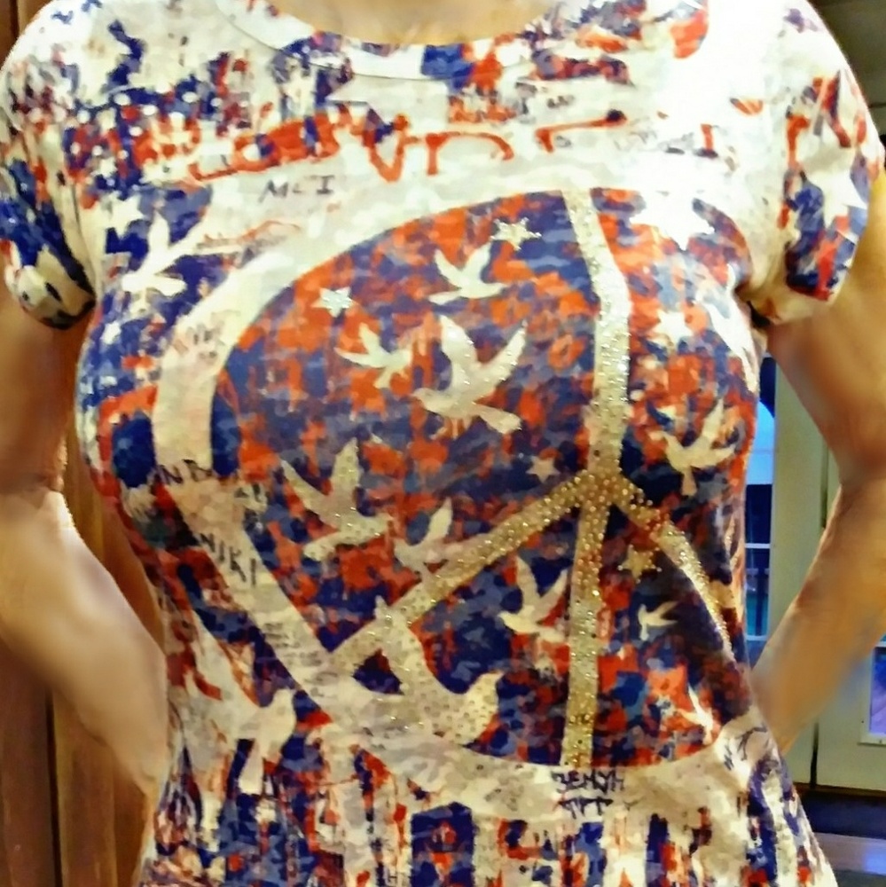 INC Red, White, & Blue Peace Sign Top (Petite S)